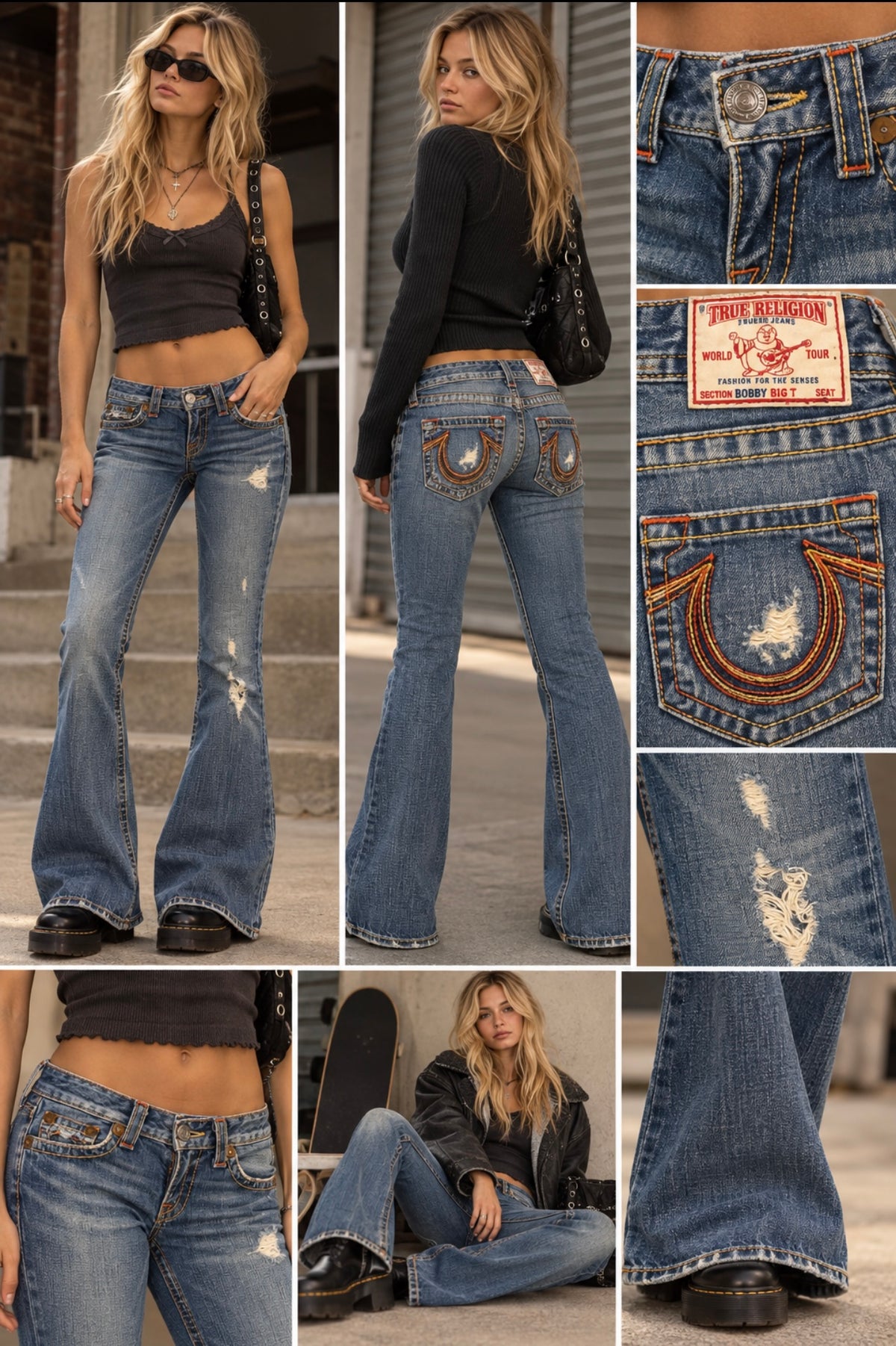 VINTAGE TRUE RELIGION "BOBBY" BIG T RAINBOW STITCH JEANS
